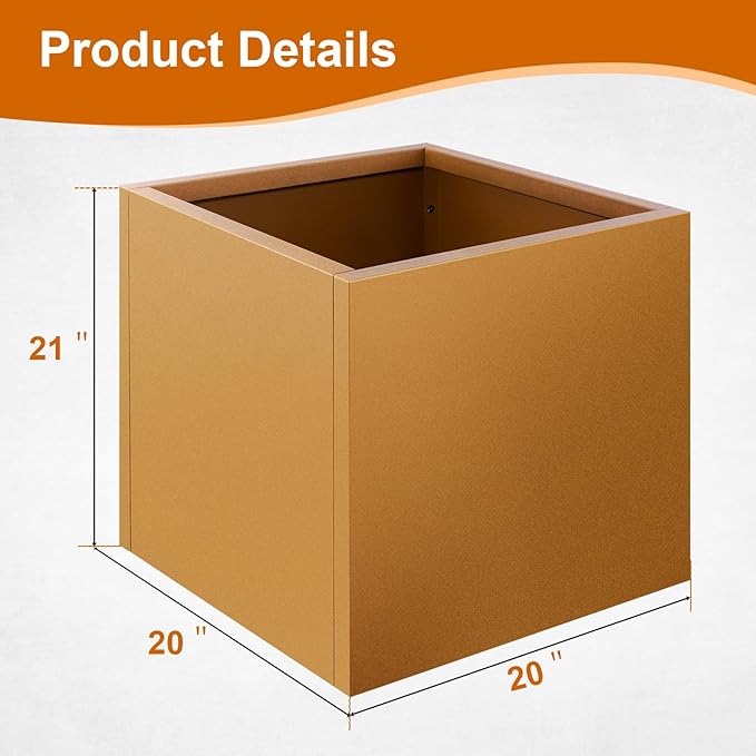 20"x20"x21" Corten Steel Planter Box, Rustic Metal Planter with Drainage Holes, Rust & Weather Resistant for Patio Garden Indoor Outdoor Commercial Use
