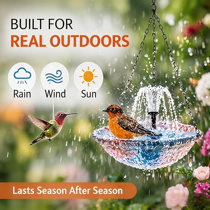 Solar Cascade Hanging Bird Bath Fountain, Outdoor Hanging Bird Bath with Solar Fountain, Large Humming Birds Baths Fountains, with Solars Pump & Glass Bowl, for Outdoor, Gardens (Three Floors 1pc)