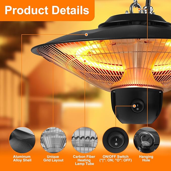 Outdoor Patio Heater, 1500W Electric Infrared Hanging Patio Heater for Outdoor Use, Ceiling Mounted IP23 Waterproof with 3 Heating Levels 30/60Mins Timer, for Porch Garage Balcony