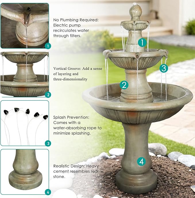 SunJet 51.5” High 3-Tiers Modern Concrete Outdoor Water Fountain - Round Large Outdoor Fountains and Waterfalls for Garden, Patio, Yard, and Deck Decor, Featuring Natural Stone Look