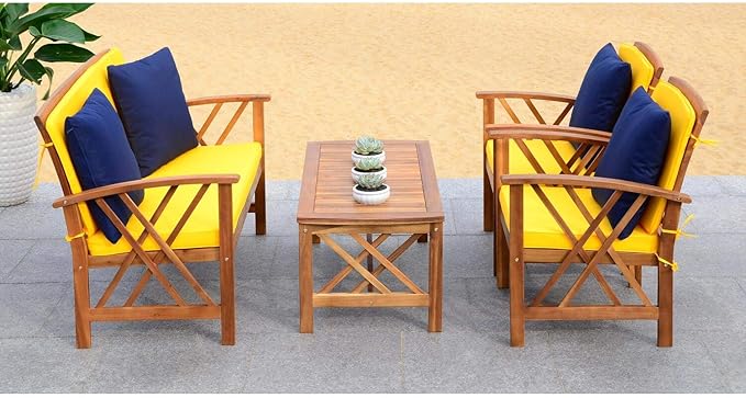 SAFAVIEH Outdoor Collection Fontana Natural/ Beige 4-Piece Conversation Patio Set with Cushions