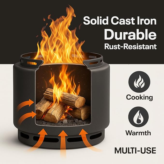18" Smokeless Fire Pit with Removable Ash Pan, Fire Poker & Carry Bag - Portable Outdoor Fire Pit - Cast Iron - Wood Burning Lightweight Fireplace, Ideal for 4-6 People, 25 lbs - Image 3