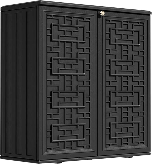 ZZM HDPE Outdoor Storage Shed, Outdoor Plastic Storage Cabinet, Horizontal Resin Tool Shed for Garden, All Weather Outdoor Storage Clearance, DIY Usage, with one Shelf (Black) by ZZM