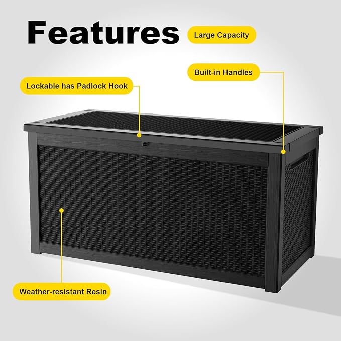 PatioZen 320 Gallon Resin Deck Box, Lockable Weatherproof Outdoor Storage Box for Furniture, Garden Tools and Tools Storage, Waterproof Outside Storage Boxes - Black - Image 6