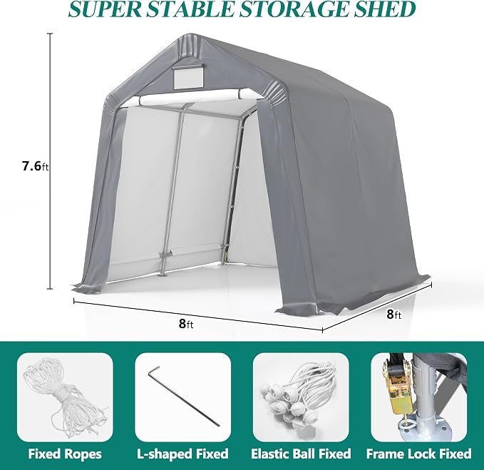 GARTOO 8' x 8' Outdoor Storage Shelter Shed- Heavy Duty Storage Tent with Roll-up Ventilated Windows, Portable Garage Zipper Storage shed for Bike, ATV, Motorcycle Shelter, Gray - Image 2