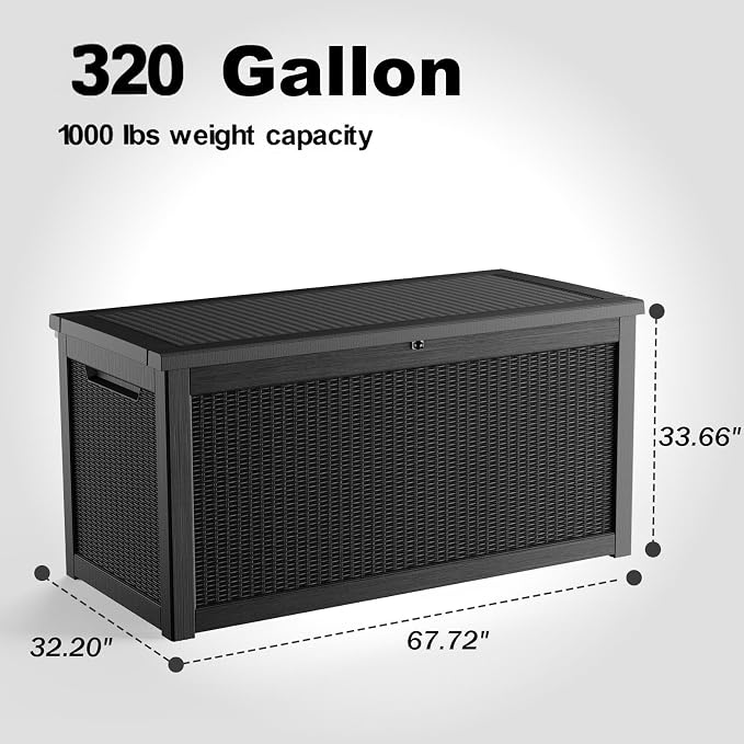 PatioZen 320 Gallon Resin Deck Box, Lockable Weatherproof Outdoor Storage Box for Furniture, Garden Tools and Tools Storage, Waterproof Outside Storage Boxes - Black - Image 2