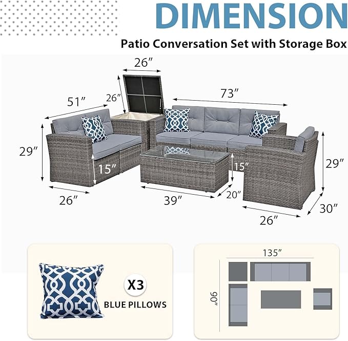 JOIVI 8 Pieces Patio Furniture Set with Storage Box, Rattan Patio Conversation Set, Rattan Couch Sectional Sofa Set with Cushions and Coffee Table for Outside Porch, Deck, Gray