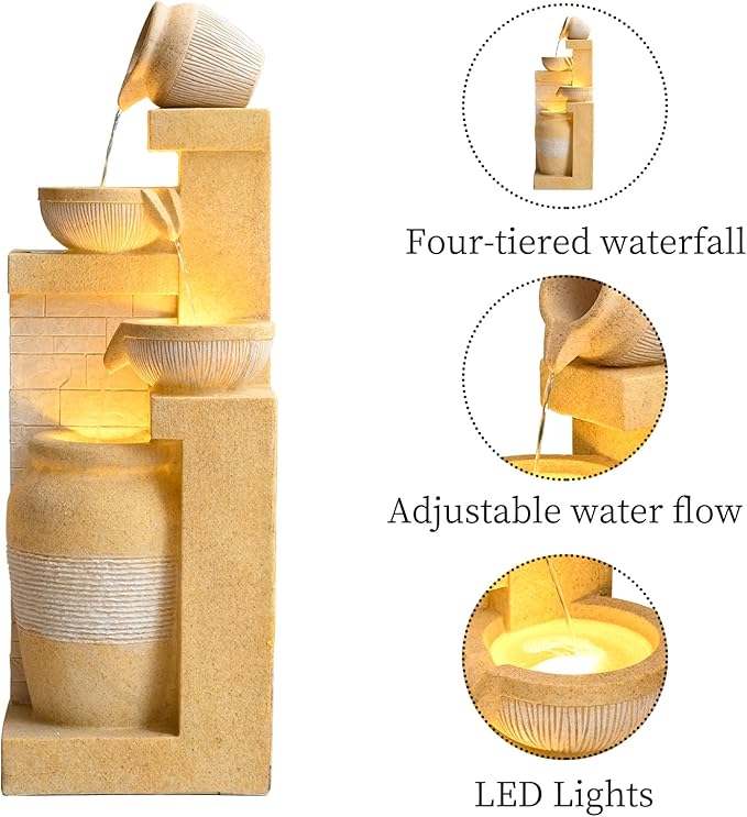 31.89" Outdoor Garden Water Fountain with Lights 4 Tiers Cascading Large Waterfall Floor Standing Fountain for Patio, Backyard, Deck, Porch and Home Art Decor