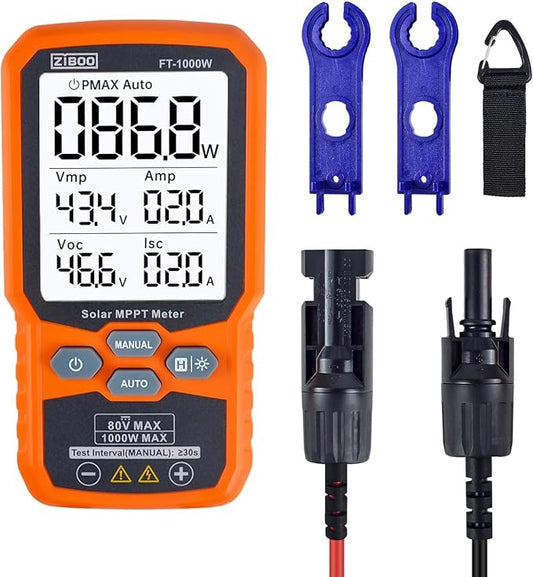 ZIBOO FT-1000W Solar Panel Tester MPPT Meter - 1000W Max Power, 80V/35A PV Module Tester for Voc/Isc, Open Circuit Voltage & Short Circuit Current, with Backlight & Data Hold by ZIBOO