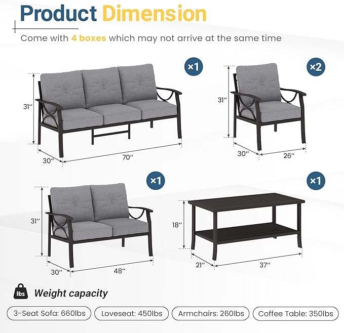 5-Piece Outdoor Patio Furniture Set, Outdoor Metal Sectional Furniture with Cushions, Outdoor Conversation Seating Set with Coffee Table for Balcony, Garden, Deck, Backyard, Grey