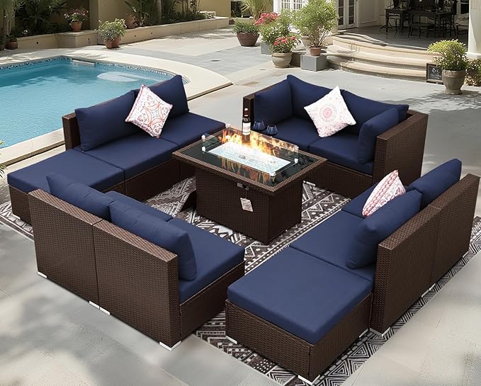 BULEXYARD 11 Piece High Back Outdoor Furniture Set with Firepit, Gorgeous Patio Conversation Set with Ottoman Modular, Large 10-Seats Sectional Couch Sofa for Garden, Brown Rattan & Navy Blue Cushion