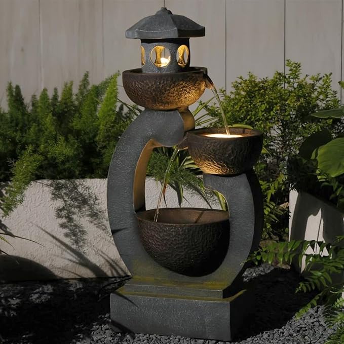 36 inches Garden Water Fountain Outdoor Zen Pagoda Japaness Modern Tranquil Waterfalls Fountains Bowl with LED Lights & Pump for Patio Yard Porch Deck Home Decor Gray