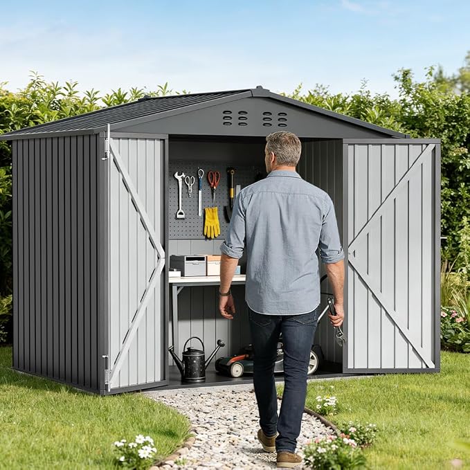 COMHOMA Shed Storage Outdoor Metal Windowed Lockable Weatherproof Ventilated Backyard Garden Utility Workshop(Grey,8'*6') - Image 7