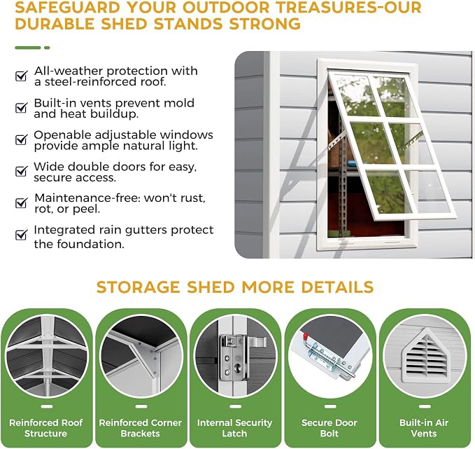 WACASA 8x6 FT Resin Plastic Shed with Floor, Heavy-Duty 21-Gauge Reinforced Steel Frame, 16mm Ultra-Thick Panels, Outdoor Storage Sheds with Awning Windows, Air Vents - Image 5