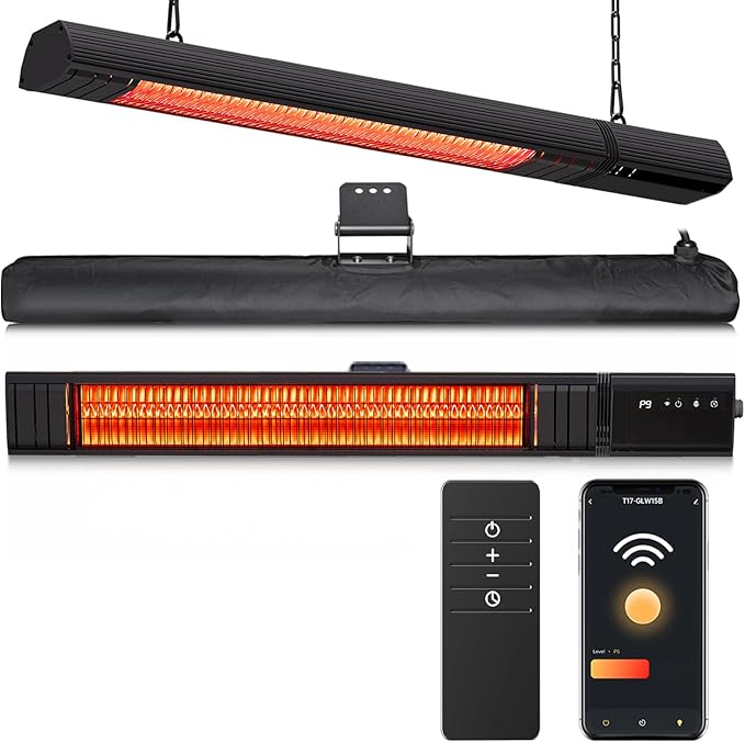 Ceiling Electric Outdoor Heater Wifi Control Wall-Mounted Hanging Patio 1500W Infrared 9 Heat Levels, 24H Timers, Carbon Fiber Tube Heating Wall Heater for Gazebo, Balcony (Rose Gold Quartz Glass)