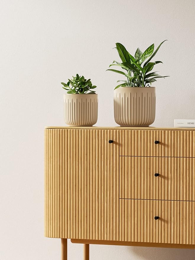 LE TAUCI Ceramic Pots for Plants, 8.3/7/6 Inch Indoor Planters with Drainage Holes & Mesh, Modern Glossy Glaze Cylinder Fluted Plant Pot for Snake Plant, Set of 3, Sand Beige