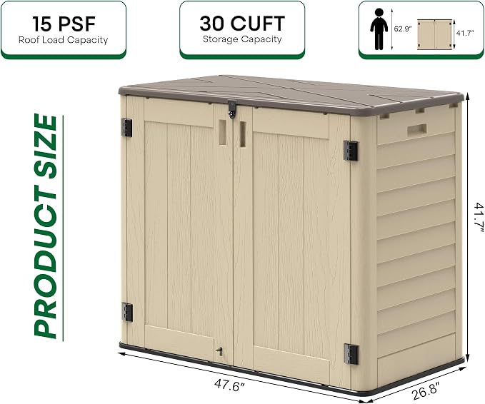 Outdoor Storage Shed, 30 Cu Ft Waterproof Horizontal Resin Storage Cabinet, Weather-Resistant Garden Shed Trash Can Storage with Pad-Lockable Doors for Backyards (Khaki) - Image 2