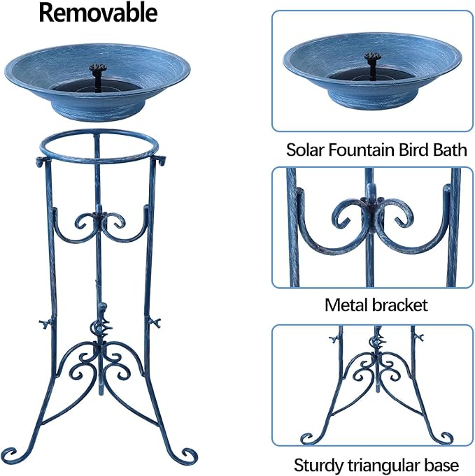 Solar Bird Bath for Outside, Metal Birdbath Stand and Solar Fountain Bird Bath Bubbler Combo Set, Solar Birdbaths for Outdoors Garden Lawn Yard Decor（Blue）
