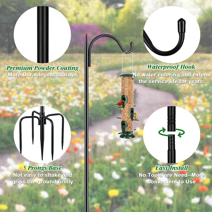 FEED GARDEN Adjustable Outdoor Shepherd Hook Bird Feeder Pole with 5 Prongs Base, 60 Inch Tall 5/8 Inch Thick, Heavy Duty Shepard Hook Stand for Hanging Bird Feeders, Plant Baskets, Black (1 Pack) - Image 3