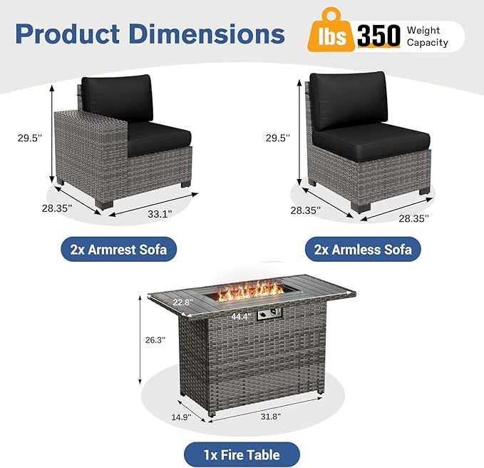 5 Piece Patio Furniture Set with Fire Pit Table, Outdoor Sectional Conversation Sets Grey Wicker Rattan Sectional Sofa for Patio Garden Backyard, 4'' Thickened Cushion Black