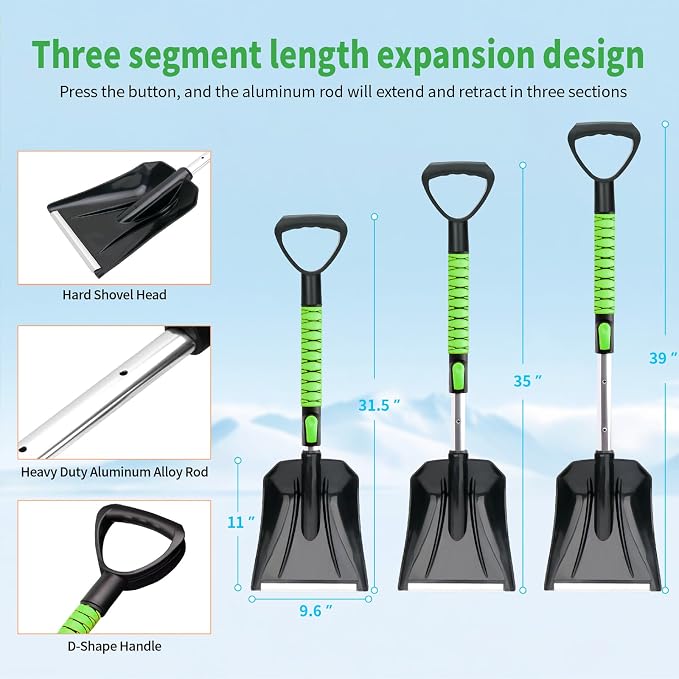 43.3'' Snow Shovel & Snow Brush with Ice Scrapers for Car Windshield,5-in-1 Extendable Thicken Aluminum Tube,180° Pivoting Brush Head & Foam Grip for Christmas, Cars, Trucks, SUVs, Vehicle（Green - Image 7