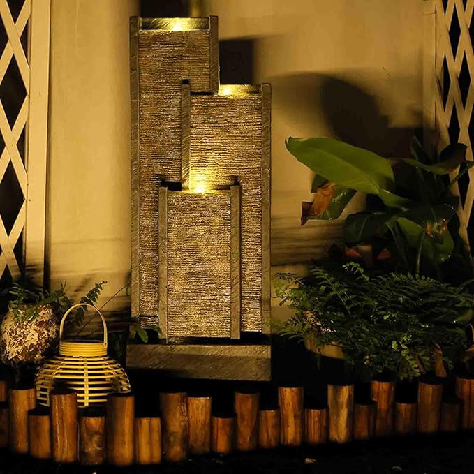 Indoor Water Fountain 39.3” H Modern Cascading Floor - Standing Fountan Contemporary Curves Watefalls for Porch, Office, House, Garden, Patio