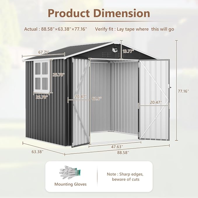 8x6 FT Outdoor Storage Shed, Metal Garden Shed - Tool Storage Sheds with Lockable Doors & 1 Clear Window, Waterproof Outside Storage Building for Backyard, Patio (Black; Floor Not Included) - Image 3