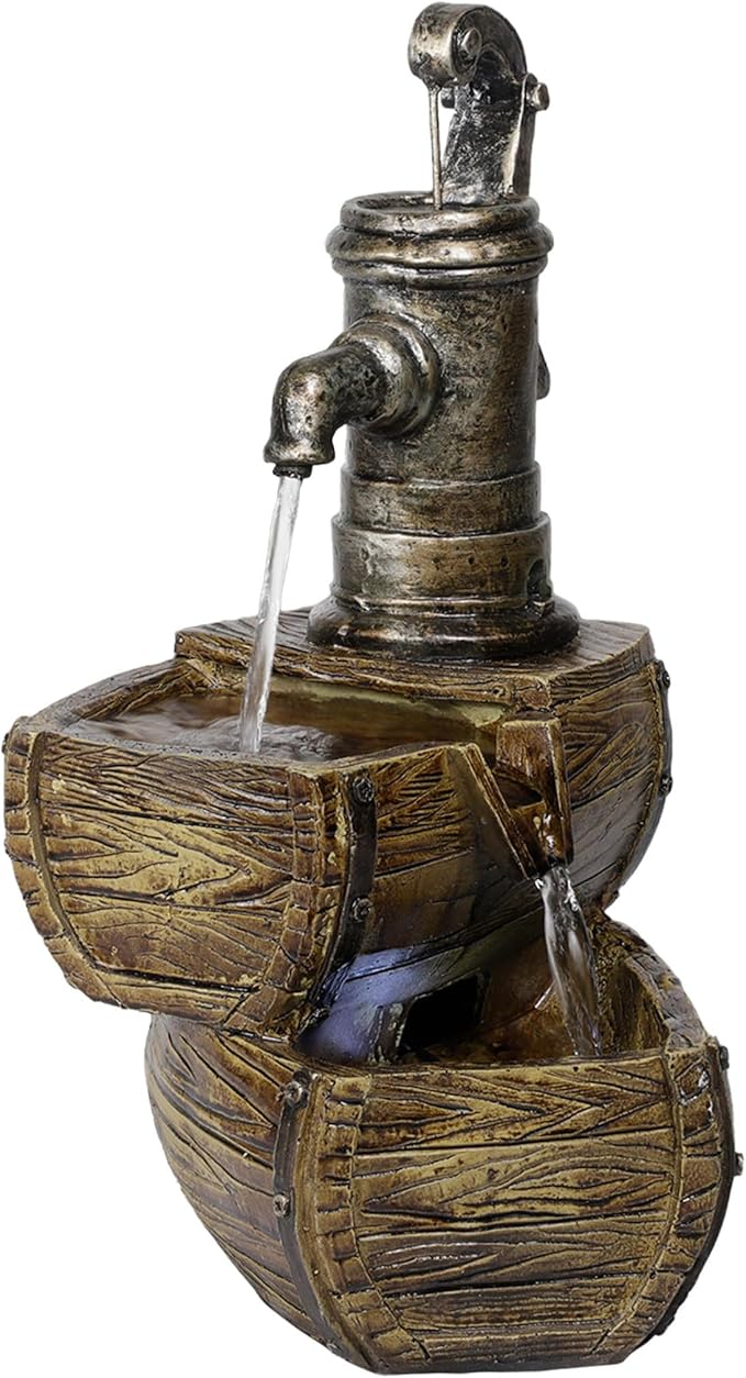 Alpine Corporation WIN826 14” Vintage Water Pump Tabletop Fountain with 2-Tiered Barrel Design & LED Lights – Decorative Indoor Water Feature for Home & Office, Brown