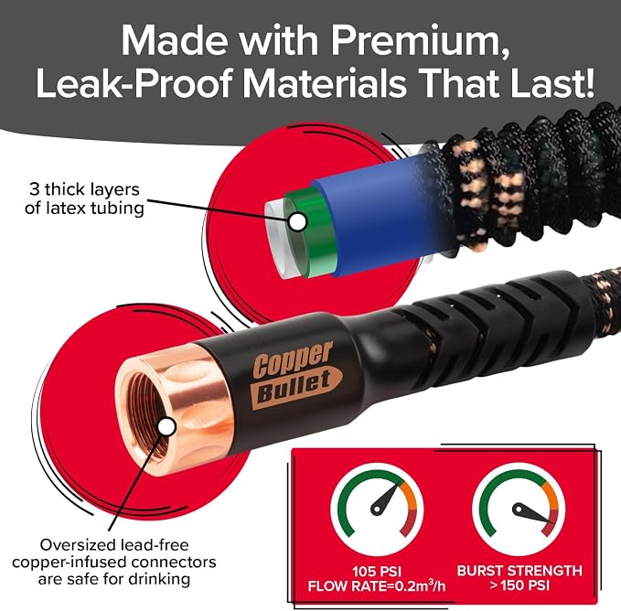 Pocket Hose 50 FT Copper Bullet Expandable Garden Hose w/10 Pattern Thumb Spray Nozzle AS SEEN ON TV 650psi 3/4 in Patented Lead-Free Ultra-Lightweight Solid Copper Anodized Aluminum - Image 4