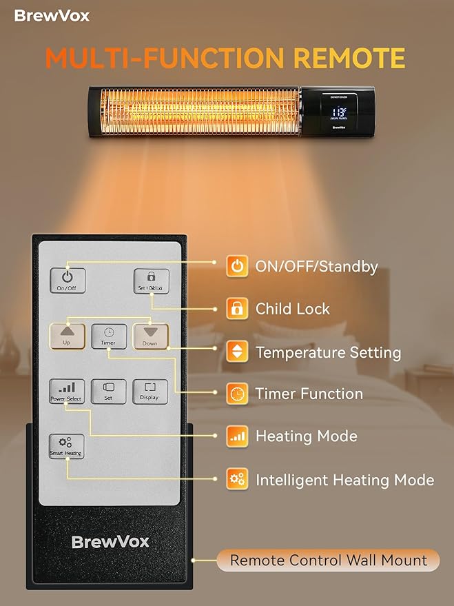 1500W Carbon Infrared Electric Outdoor Patio Heater with Thermostat, Horizontal & Vertical, Smart App-Controlled Scheduling & Remote On/Off, IP65 Weatherproof, Overheat Protection, 24H Timer