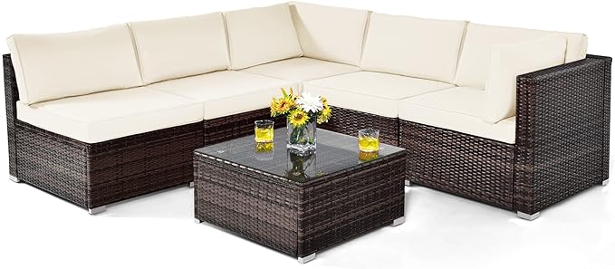 Tangkula 6 Pieces Patio Furniture Set, Outdoor Wicker Conversation Set with Glass Coffee Table, Wicker Sofa Set with Back & Seat Cushions, Rattan Sectional Conversation Set for Backyard Garden