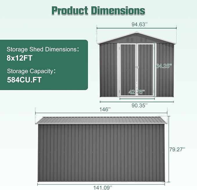 YOPTO 8x12 FT Large Outdoor Storage Shed with Lockable Doors & Floor Base,Weather-Resistant Metal Tool Shed for Garden, Backyard,Patio,Lawn,Gray - Image 2