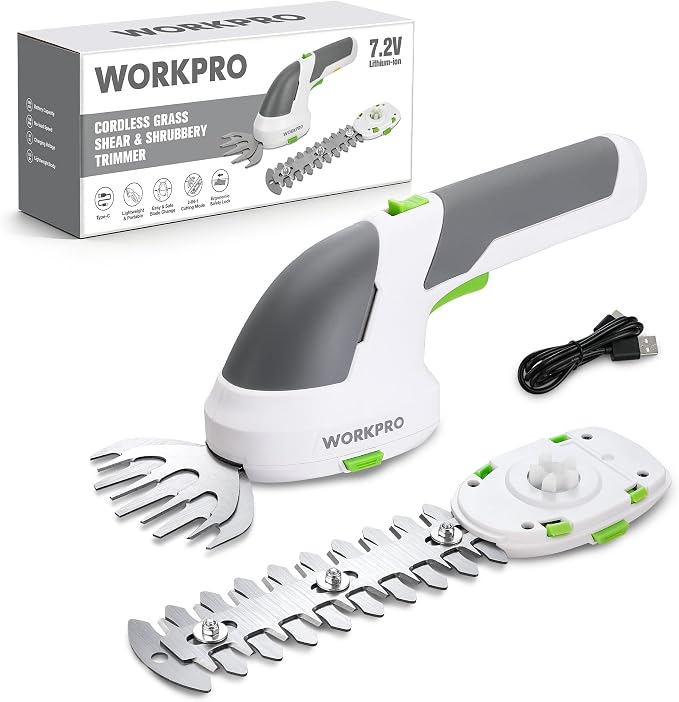 WORKPRO Cordless Grass Shear & Shrubbery Trimmer - 2 in 1 Handheld Hedge Trimmer 7.2V Electric Grass Trimmer Hedge Shears/Grass Cutter Rechargeable Lithium-Ion Battery and Type-C Cable Included by WORKPRO