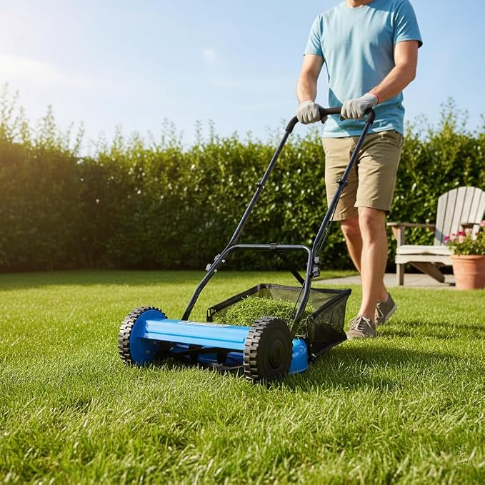 14-Inch 5-Blade Push Reel Lawn Mower with Grass Catcher, Blue - Adjustable Height Precision Cutting, Eco-Friendly Manual Lawn Mower with Durable Steel Blades for Lawn Maintenance - Image 8
