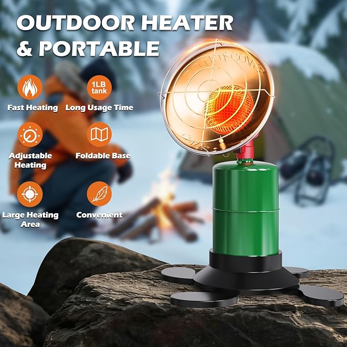 Portable Propane Heater, 12000 BTU Portable Camping Heater Outdoor with Electric Ignition, Control Valve, Gas Cylinder Base for Tent, Fishing, Garage, 7“L x 7"W x 10"H （Fuel not included）
