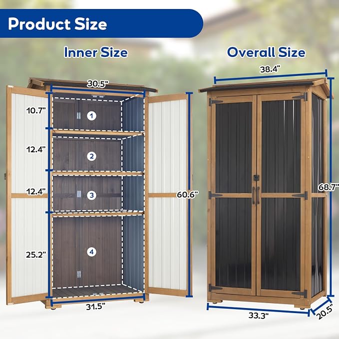 Storage Cabinet Outdoor Garage Cabinets with 3 Adjustable Shelves, Lockable Door, Wood & Metal Weather-Resistant Pantry Cabinet for Patio Garden Home Farm (33.3" Lx 21" Wx 69" H) - Image 5