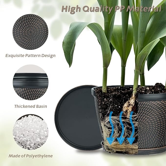 Quarut 4 Pack 6 Inch Flower Pots for Outdoor Indoor, Plastic Plant Pots with Drainage Hole & Saucer, Lightweight Small Flower Pot, Circle Pattern Planters for Garden House planters???Brown???
