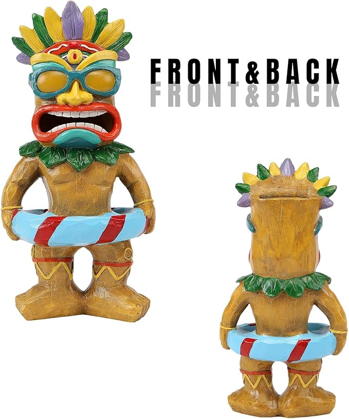 Tiki Staue, Outdoor statue with Solar Eyes, Tikis Bar Decor with Solar Light, Tikis Pool Decor, Garden Statues with Swim Ring, Tiki Porch Patio Decorations, Tiki Figurine Gift for Mom Women Friends