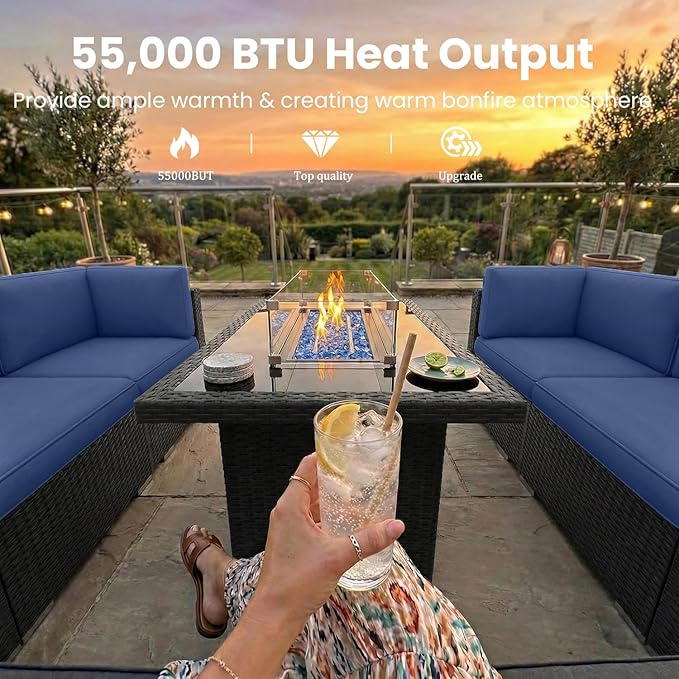 15 Pieces Patio Furniture Set with 44" Propane Gas Fire Pit Table, Outdoor Sectional Wicker Conversation Sofa Sets with Coffee Table