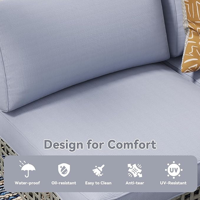 U-MAX 7-Piece Patio Furniture Set with Tea Table, Boho Outdoor Furniture Set Sectional Sofa Wicker Conversation Set, Grey Rattan&Blue