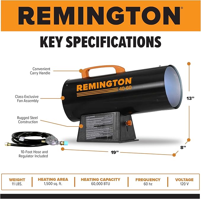 Remington LP Forced Air Heater, Portable 60,000 BTU Space Heater for up to 1500 Square Feet - Liquid Propane Gas Powered, Tank Not Included