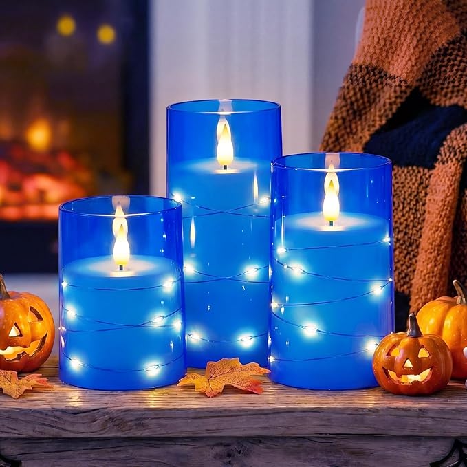 Homemory Flameless Candles with Embedded Star String Fairy Lights, Battery Operated Candles, LED Candle, Fake Candles with Remote Control and Timer, Blue, Set of 3(H 4" 5" 6?€?)