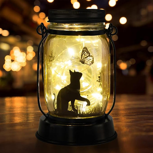 kyoryuger Cat Lover Gifts for Mom/Grandma/Women/Sister Cat Butterfly Solar Light Gifts Solar Lanterns Outdoor Waterproof Fairy Lights Led Mason Jar Hanging Cat Lamps Decor for Garden Yard Patio