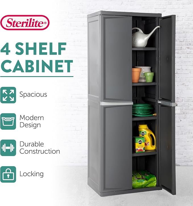 Sterilite 4 Shelf Cabinet, Heavy Duty and Easy to Assemble Plastic Storage Unit, Organize Bins in the Garage, Basement, Attic, Mudroom, Gray, 1-pack - Image 4