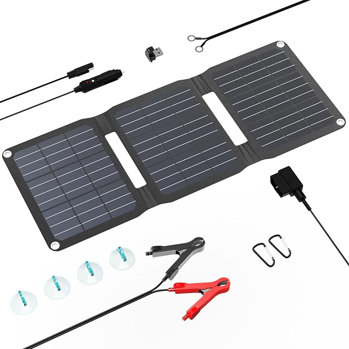FlexSolar 15W Foldable Solar Panel Trickle Charger Maintainer Kits - 12V DC & USB Output with Built-in Controller Includes Cigarette Lighter, Alligator Clips, O-Rings,OBDII Connector for Car, Truck by FlexSolar