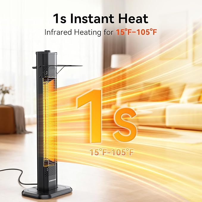 VAGKRI Outdoor Electric Patio Heater, 1500W 36" Infrared Heater with 2 Heat Tube, 3 Levels, Tip-Over&Overheat Protection, IPX5 Waterproof Tower Electric Patio Heater for Outdoor Indoor, Backyard, Room