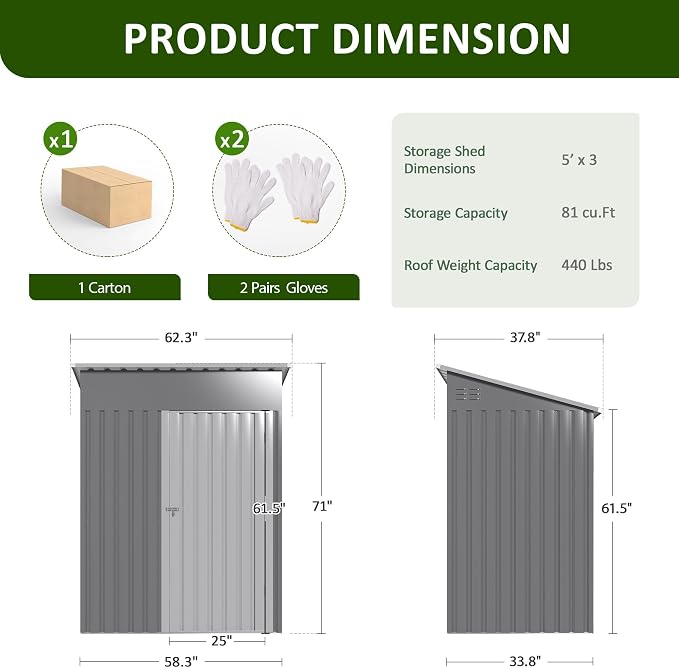 DAUSOLA 5x3 FT Outdoor Storage Shed, Metal Garden Tool Shed with Updated Frame Structure and Lockable Doors, Ideal for Backyard Garden Patio Lawn, Grey - Image 6