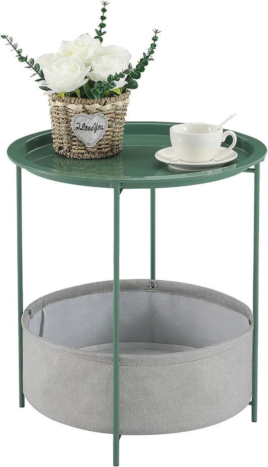 VECELO Round Side/End Table with Fabric Storage Basket，Metal Anti-Rust and Waterproof Small Bedside Nightstand with Removable Tray Top for Living Room，Balcony & Laundry，Dark Green /1pcs with Basket by VECELO