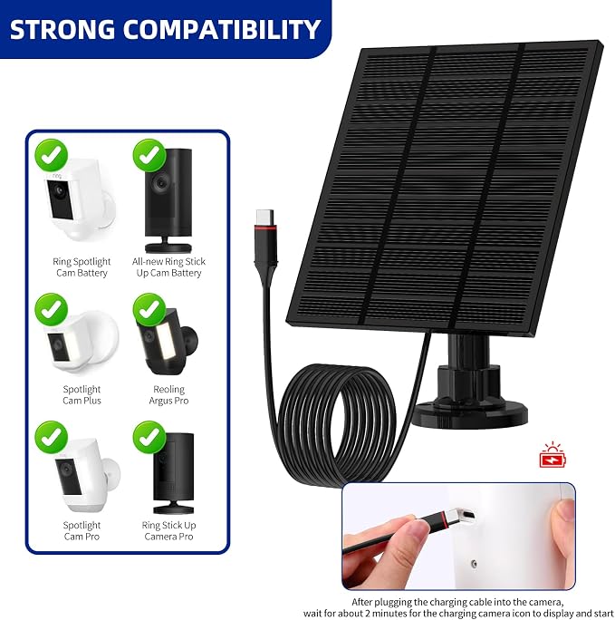 Solar Panels for Ring Camera Outdoor (New Generation) 5W 5V Solar Panel Charger with USB-C&Plug for Spotlight Cam Plus&Stick Up Cam Pro.Waterproof IP65 360??Adjustable 2M Cable (Black, 1) - Image 2