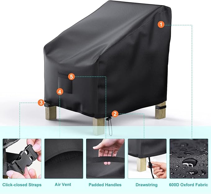 Patio Chair Covers for Outdoor Furniture Waterproof 2 Pack, Lawn Chair Covers 600D Heavy Duty Oxford Cloth, Large Covers for Lounge Lawn Deep Seat Black 36"W×37"D×36"H - Image 3